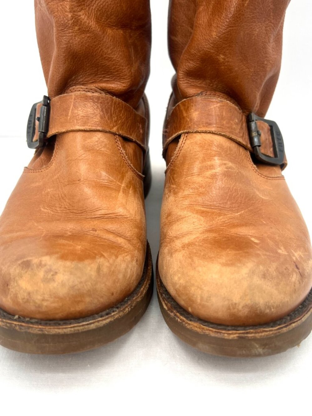 Frye Veronica Cognac Leather Buckle Moto Slouch Boots Women's 9 - Picture 6 of 10